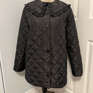Black Quilted Puffer Jacket with Ruffle Collar